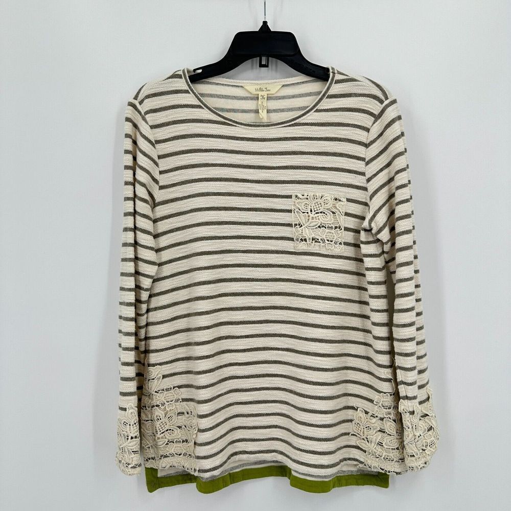 Matilda Jane Top Womens M Cream Gray Striped Floral Lace Boho Homestead Cottage